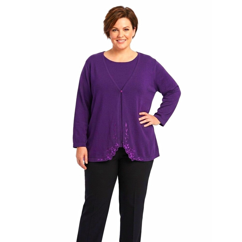 Bizzit Collection Womens Top 24W Purple Knit 3/4 Slv Button Scoop Embroidered